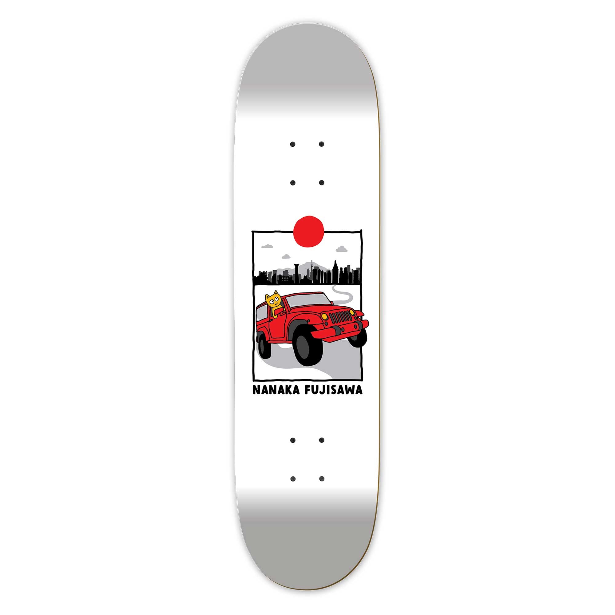 Skateboard deck with a red jeep illustration and 'Nanaka Fujisawa' text on a white background
