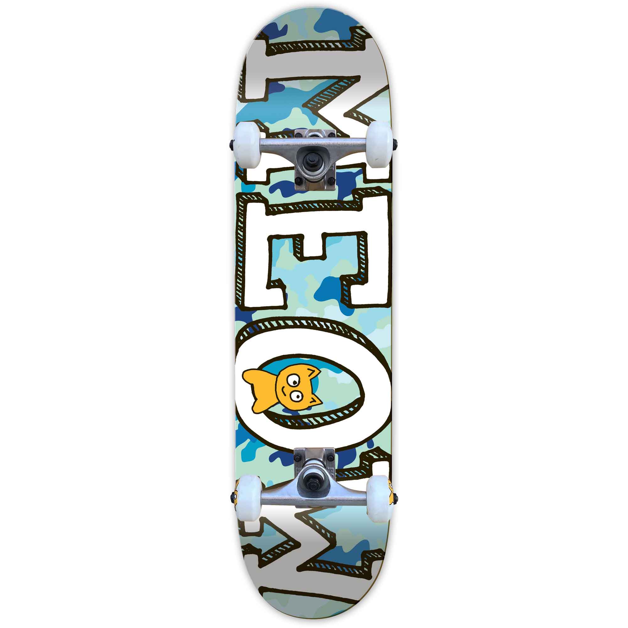 original meow logo complete skateboard with blue camo background and white wheels