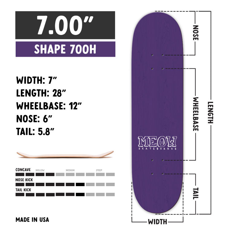 Shape 700H skateboard deck that is 7.00" wide, 28" length and 12"wheelbase