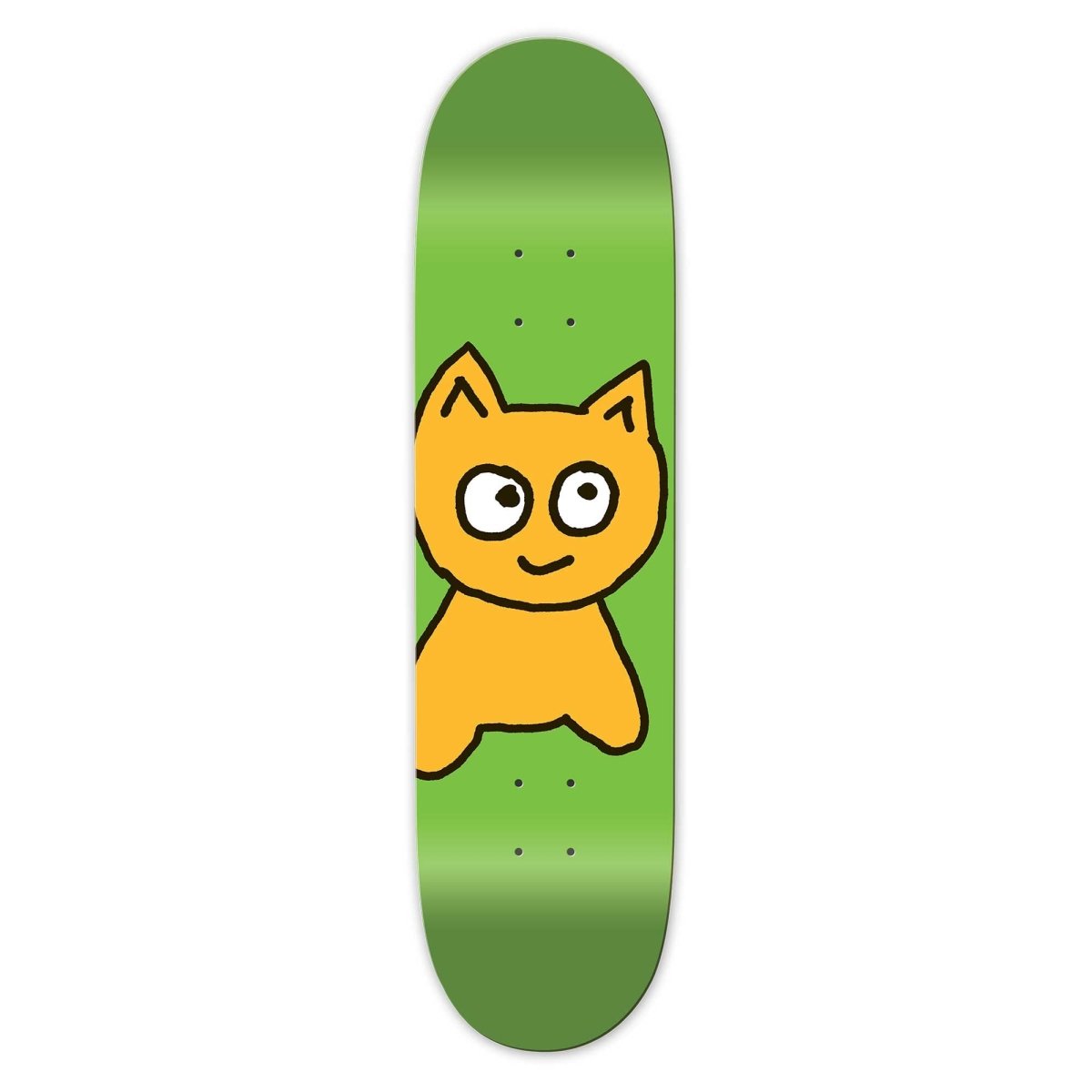 Skateboard deck with a cartoon cat design on a green background