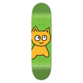 Skateboard deck with a cartoon cat design on a green background
