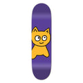 Skateboard deck with a cartoon cat design on a purple background