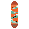 Skateboard deck with a colorful design of bigfoot and people surfing on an orange background