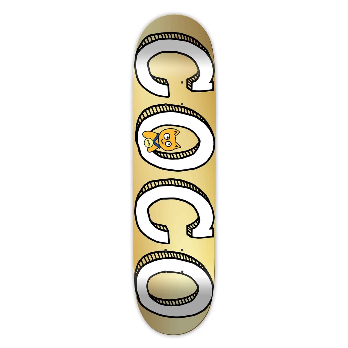 Gold skateboard deck with bold white COCO lettering with cartoon cat coming out of O