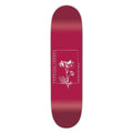 Skateboard deck with simple white floral design and Vanessa Torres text on a maroon background