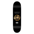 Black skateboard deck with gold roadrunner and white text design 