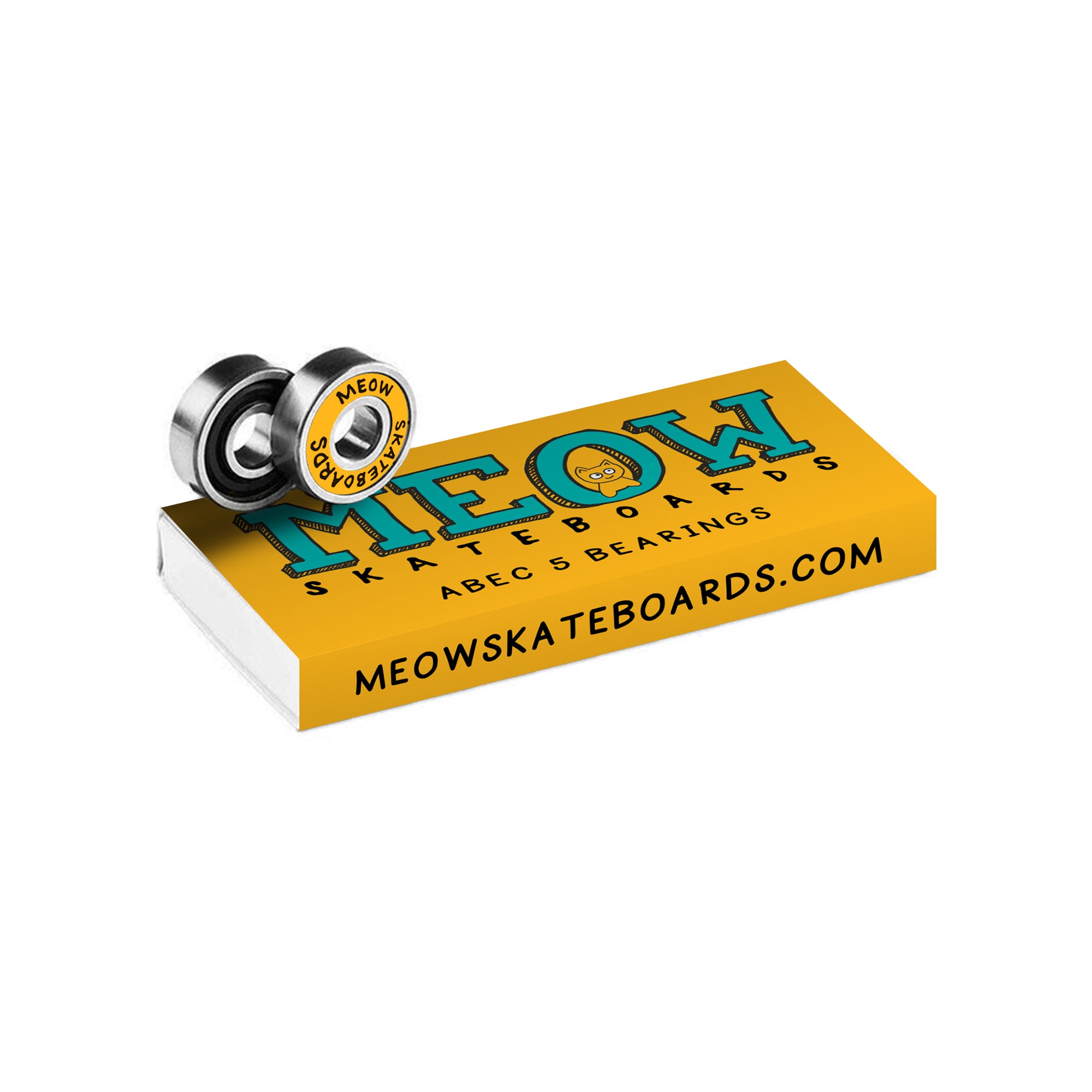 A package of MEOW brand ABEC 5 skateboard bearings with yellow shields and box.