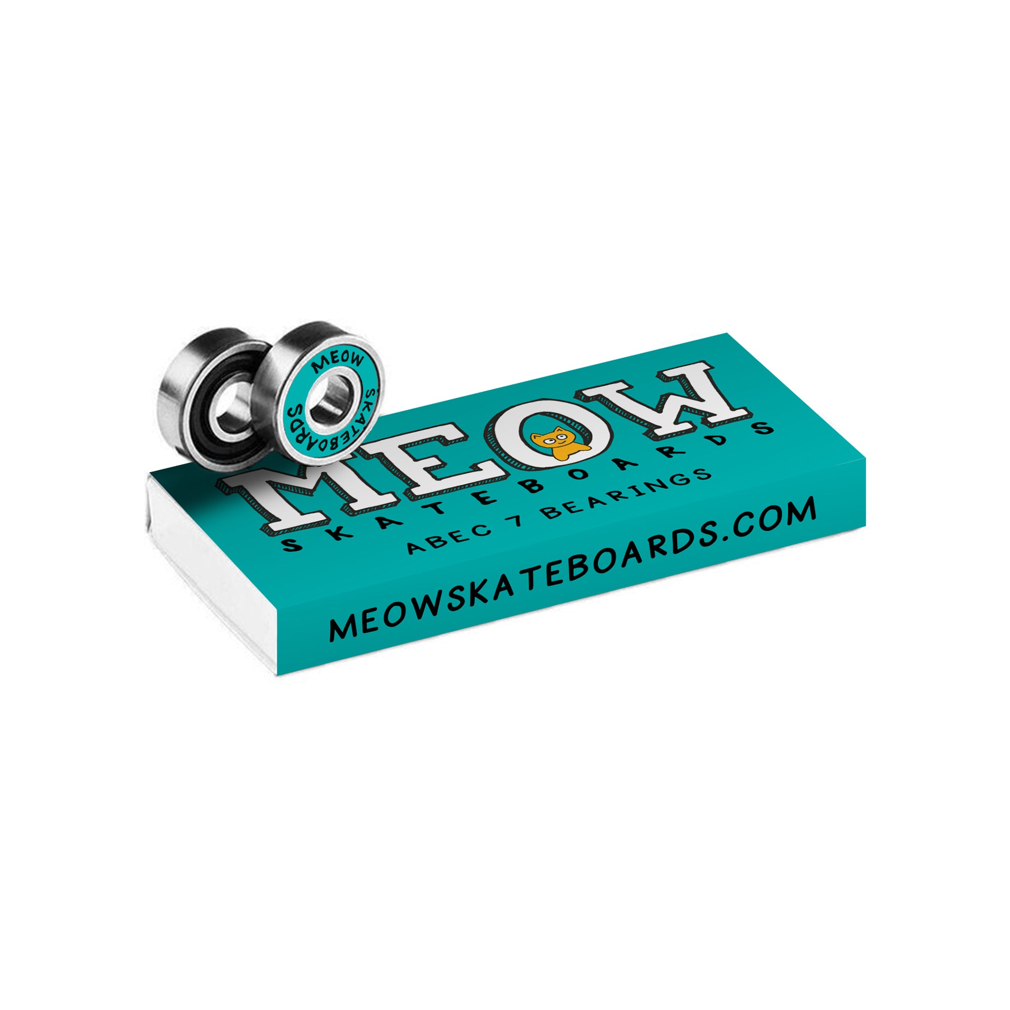 A package of MEOW brand ABEC 7 skateboard bearings with teal shields and box.