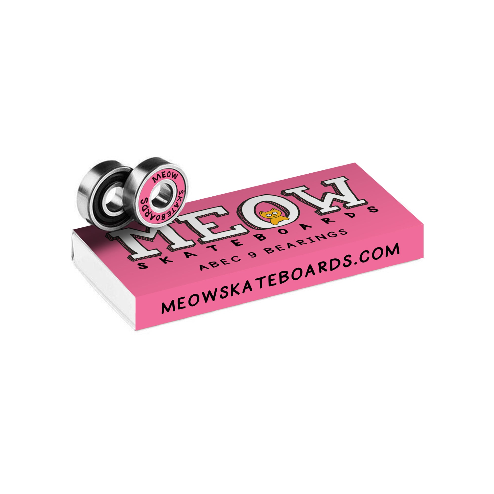 A package of MEOW brand ABEC 9 skateboard bearings with a pink shields and box.