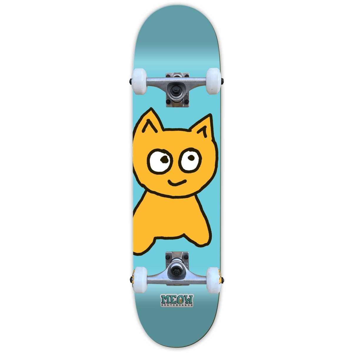 Skateboard with a cartoon cat design on a baby blue background with white wheels