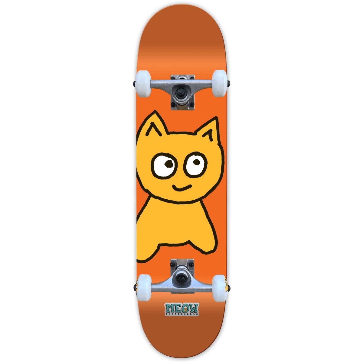 Skateboard with a cartoon cat design on an orange background