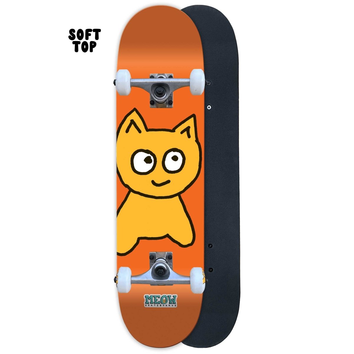 Skateboard with a cartoon cat design on an orange background with black soft top