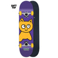 Skateboard with a purple deck featuring a cartoon cat design and 'MEOW' text with a soft top for young kids