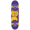 Skateboard with a purple deck featuring a cartoon cat design on a white background