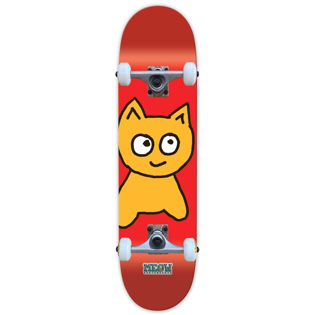 Complete skateboard with a cartoon cat design on a red background with white wheels