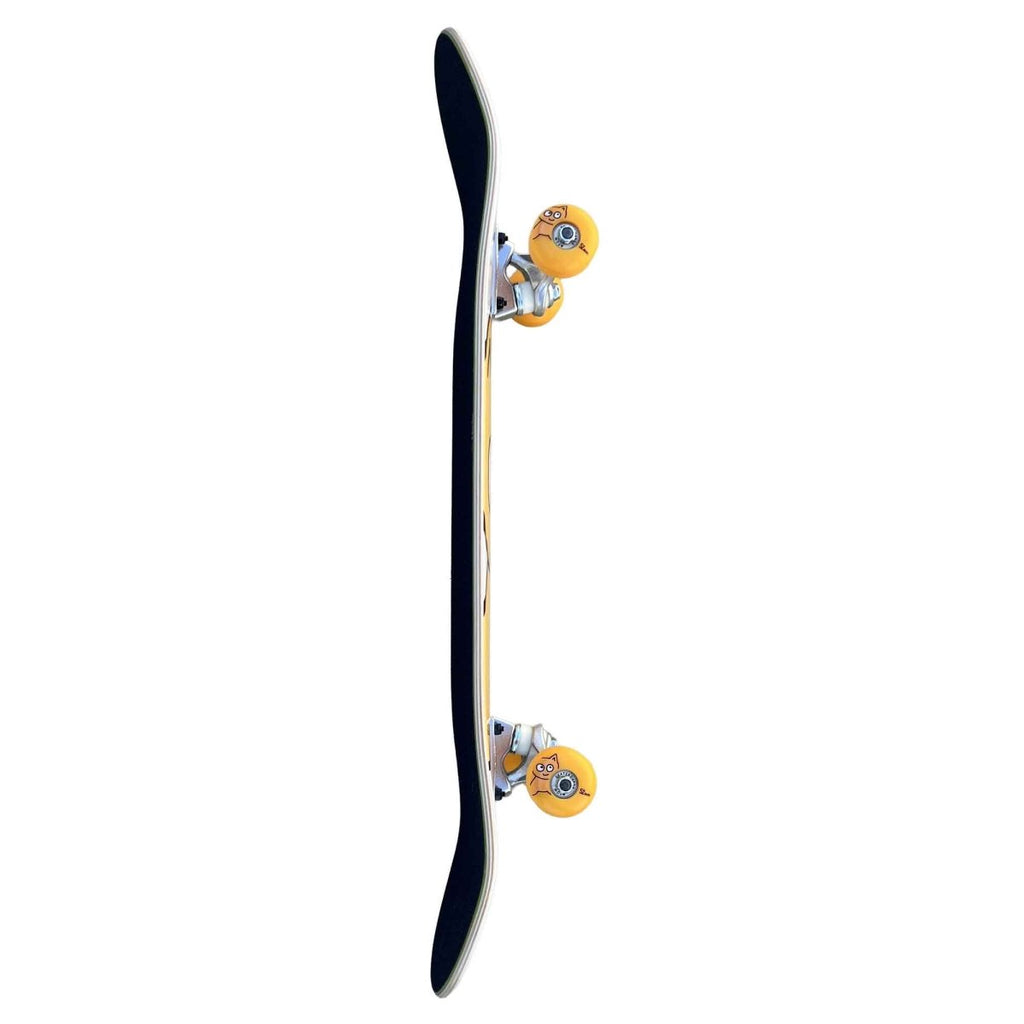 Side angle of skateboard deck with black griptape and yellow wheels on a white background