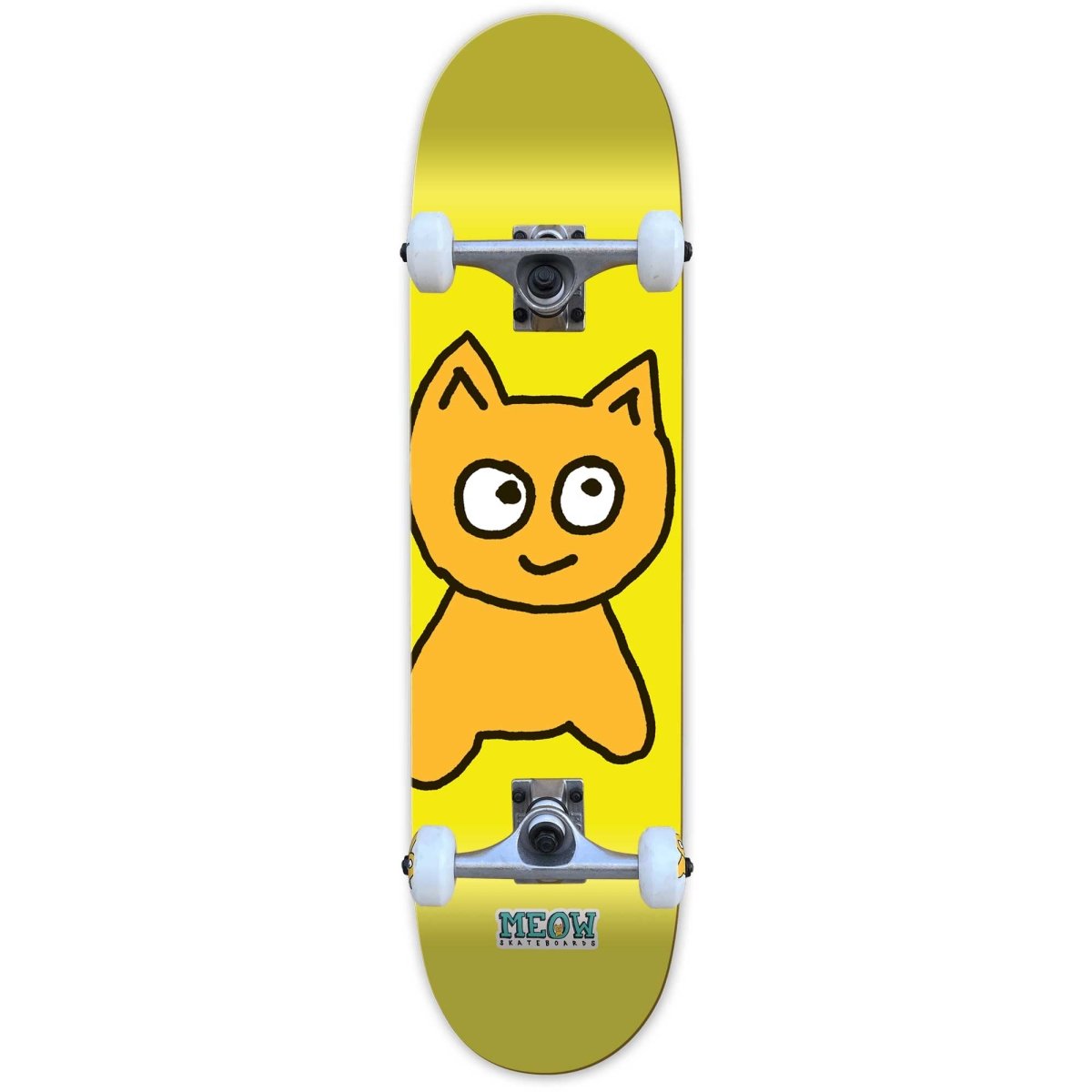 Skateboard with a cartoon cat design on a yellow background