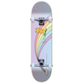 Skateboard with a colorful design featuring a rainbow and cartoon character on a white background