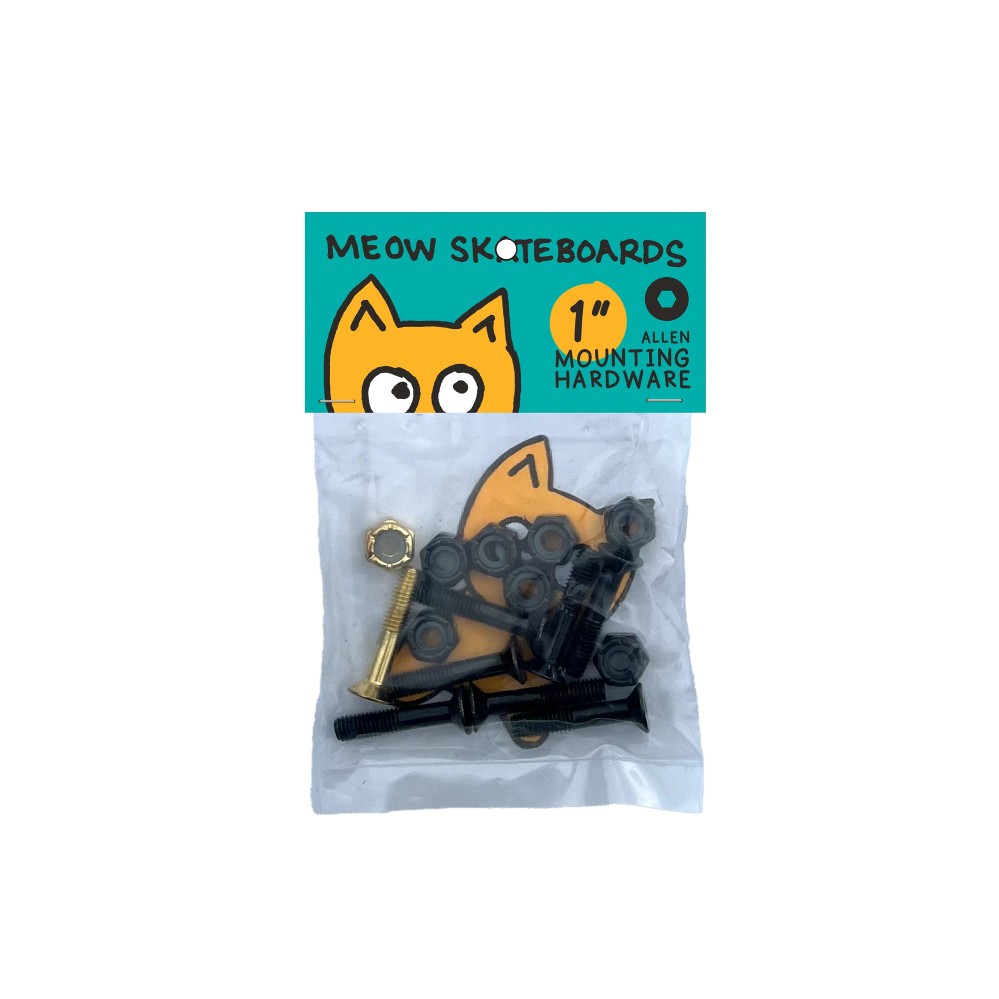 Packaging of Meow Skateboards mounting hardware, visible through a clear plastic bag with a colorful graphic label at the top.