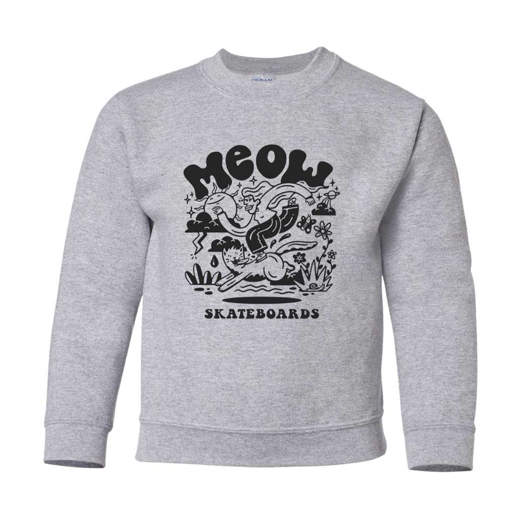 Gray sweatshirt with black graphic design and 'MEOW SKATEBOARDS' text on a white background