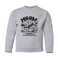 Gray sweatshirt with black graphic design and 'MEOW SKATEBOARDS' text on a white background