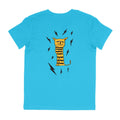 Neon blue t-shirt with a cartoon cat design on the back against a white background