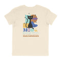 Beige t-shirt with a black cat graphic and 'MEOW Skateboards' text on a white background