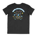 Back of black t-shirt with a cat graphic and text on a white background