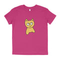 Pink t-shirt with a yellow cat graphic on a white background