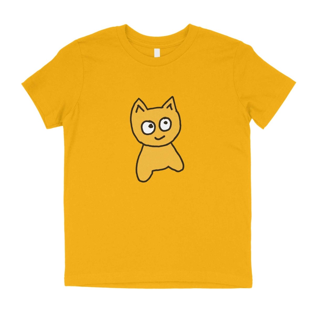 Yellow youth t-shirt with a cartoon cat design on a white background