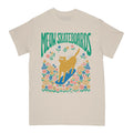 Natural t-shirt with 'Meow Skateboards' graphic featuring a cat on a skateboard and flowers.