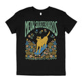 Black youth t-shirt with 'MEOW SKATEBOARDS' graphic featuring a cat on a skateboard and rolling through meadow of flowers.