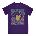 Purple t-shirt with 'Meow Skateboards' graphic featuring a cat on a skateboard and flowers.