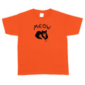 Orange youth t-shirt with a black cat graphic and 'MEOW' text on a white background