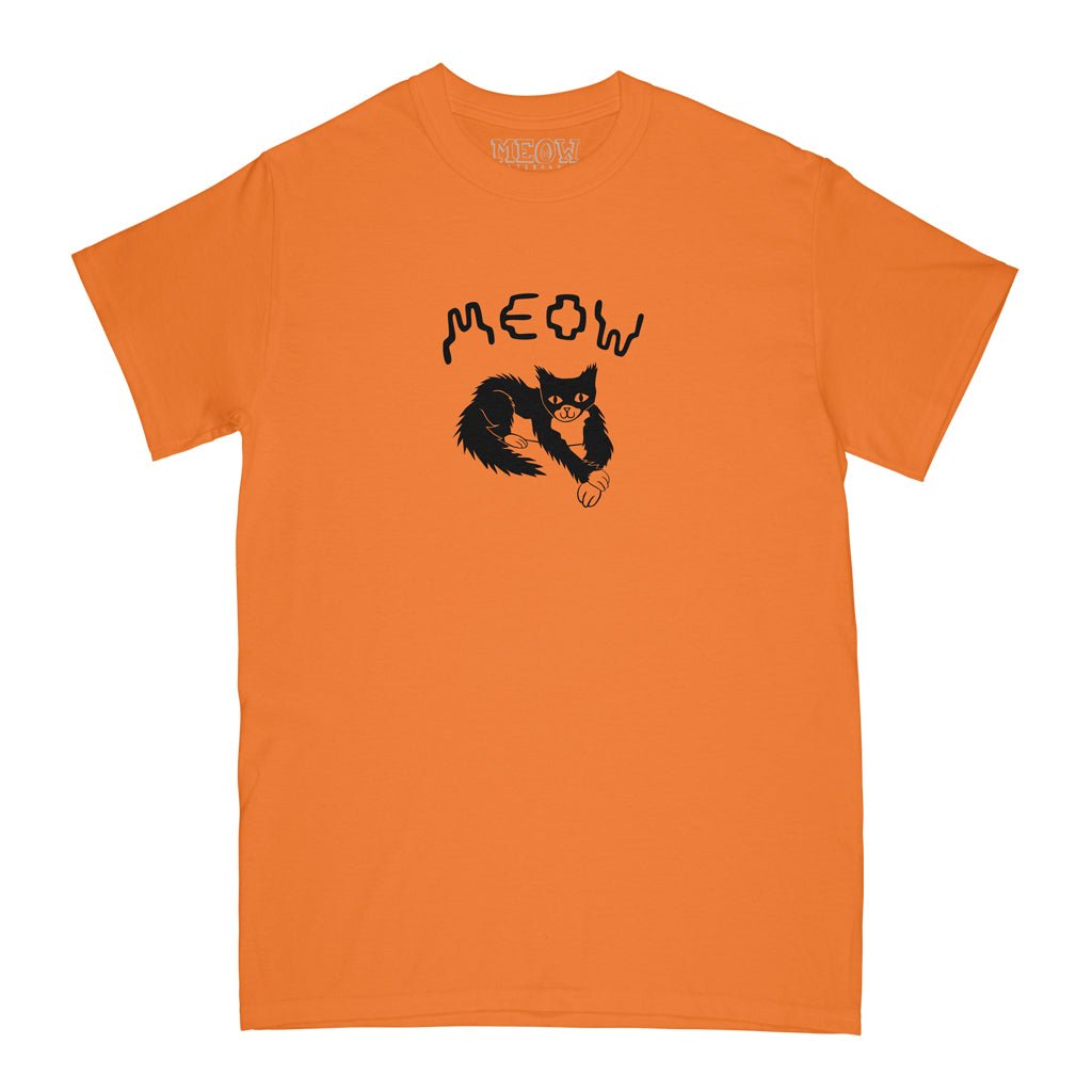 Orange t-shirt with a black cat graphic and 'MEOW' text on a white background