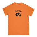 Orange t-shirt with a black cat graphic and 'MEOW' text on a white background