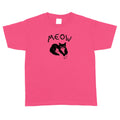 Pink youth t-shirt with a black cat graphic and 'MEOW' text on a white background