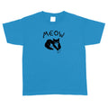Sapphire Blue t-shirt with a black cat graphic and 'MEOW' text on a white background