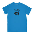 Blue t-shirt with black cat graphic and 'MEOW' text on a white background