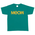 Jade green youth t-shirt with 'MEOW' printed in yellow on a white background
