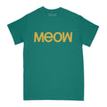 Jade green t-shirt with 'MEOW' printed in yellow on a white background