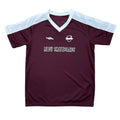 Maroon youth sports jersey with white accents and 'MEOW SKATEBOARDS' text on a white background