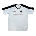 Silver soccer jersey with black accents and 'Meow Skateboards' branding on a white background
