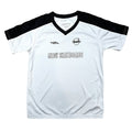 Silver youth soccer jersey with black inserts and MEOW SKATEBOARDS text on a white background