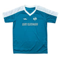 Teal youth sports jersey with white accents and 'MEOW SKATEBOARDS' text on a white background