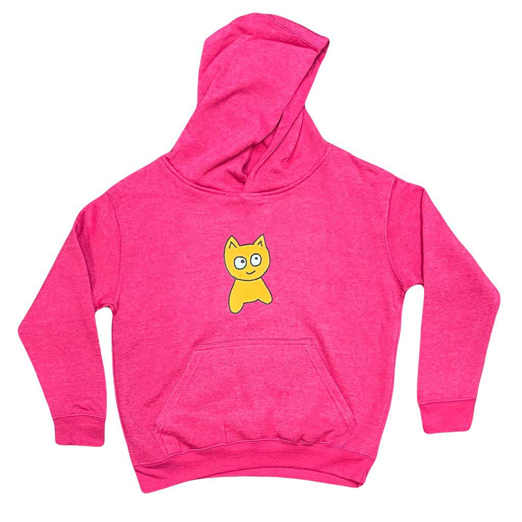 Pink youth hoodie with a yellow cat graphic on a white background