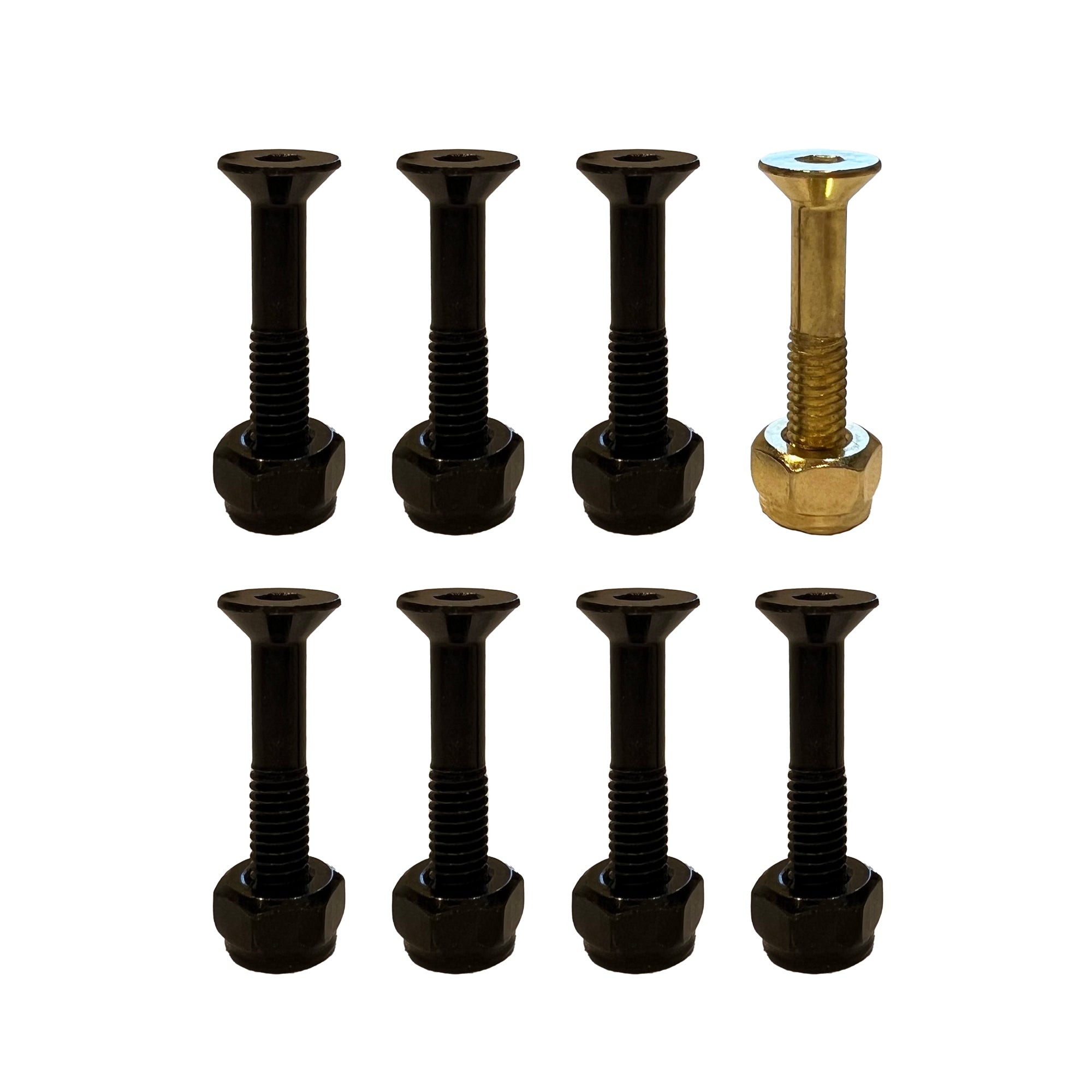 Allen skateboard mounting hardware with one gold directional indicator