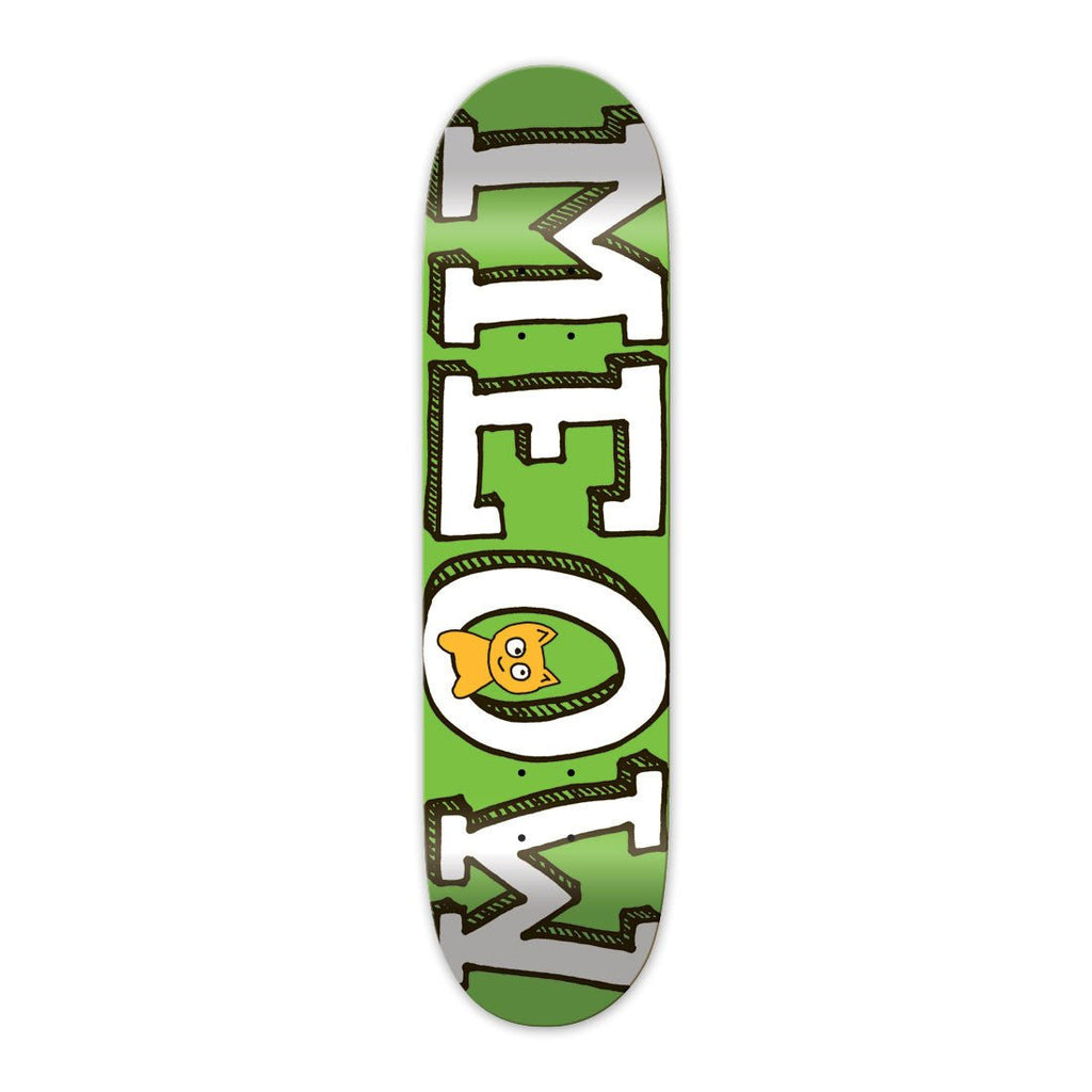 original meow logo skateboard deck with white lettering on a green background