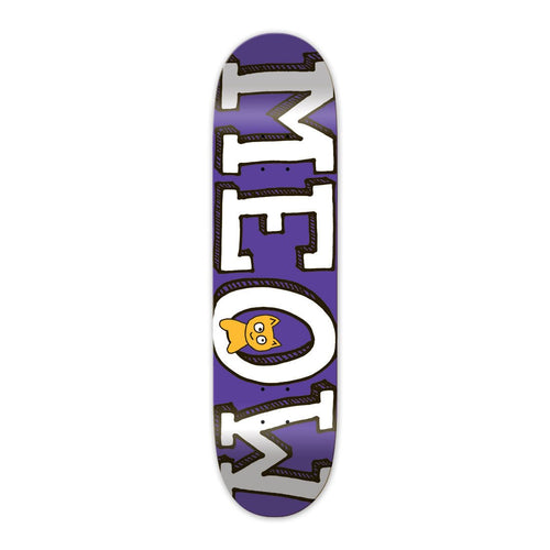 Purple skateboard deck with bold white lettering and cartoon cat 