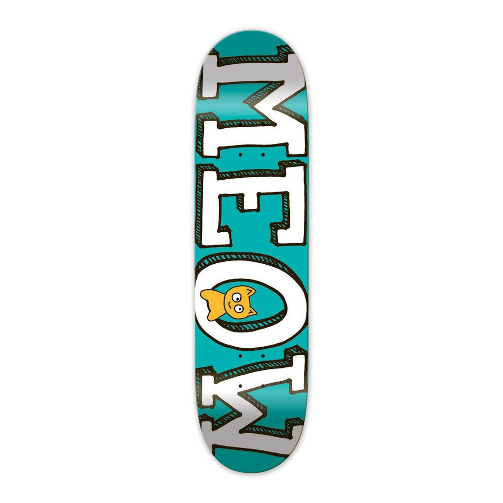 Original Meow Skateboards Logo deck with bold lettering on a teal background
